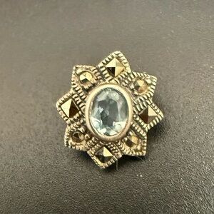 925 Sterling Silver Starburst Aquamarine Birthstone & Marcasite Pendant 1.5g.